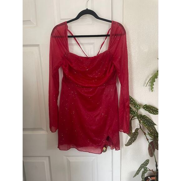 Cider Sparkle Red Mini Dress Square Neck Sheer Sleeves L - Picture 5 of 7